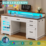Lowrance Farmhouse Executive Desk with Drawers, Computer Desk with Power Outlet and LED Lights for Home, Office, White