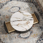 Anakin Drum Coffee Table – Sintered Stone Elegance with Dual Solid Wood Drawers, Ready to Use